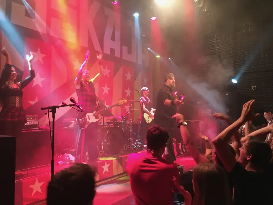 Een band op een rood verlicht podium met uitgelaten publiek met opgestoken handen